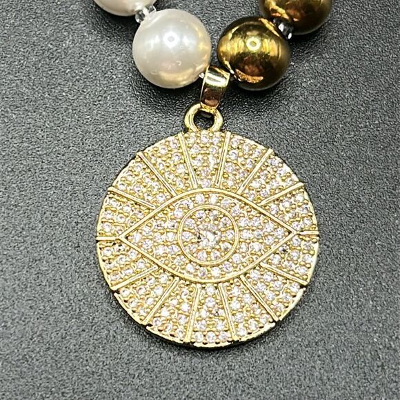 BOGO Free Jewelry..Eye Candy LA Gold Bead Faux Pearl Evil Eye Pendant Necklace - Picture 3 of 10